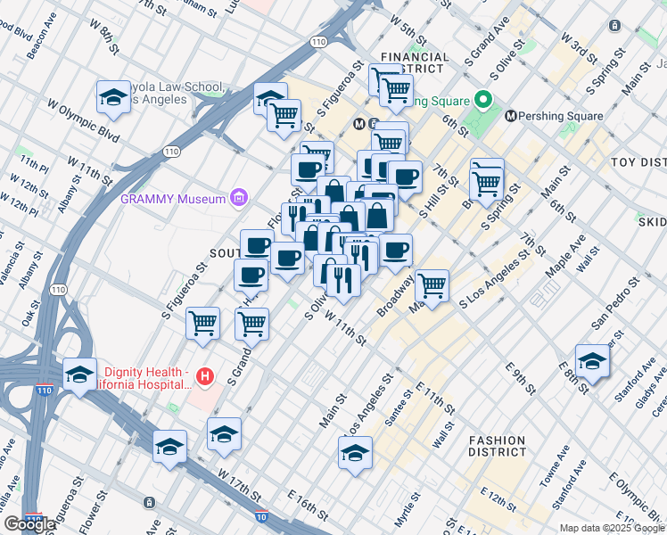 map of restaurants, bars, coffee shops, grocery stores, and more near 408 West Olympic Boulevard in Los Angeles