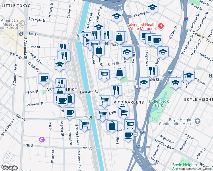 map of restaurants, bars, coffee shops, grocery stores, and more near 1451b East 4th Street in Los Angeles