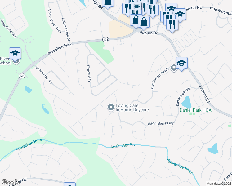 map of restaurants, bars, coffee shops, grocery stores, and more near 2620 Fort Apachee Trail in Dacula