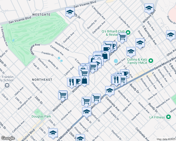 map of restaurants, bars, coffee shops, grocery stores, and more near 1162 South Carmelina Avenue in Los Angeles