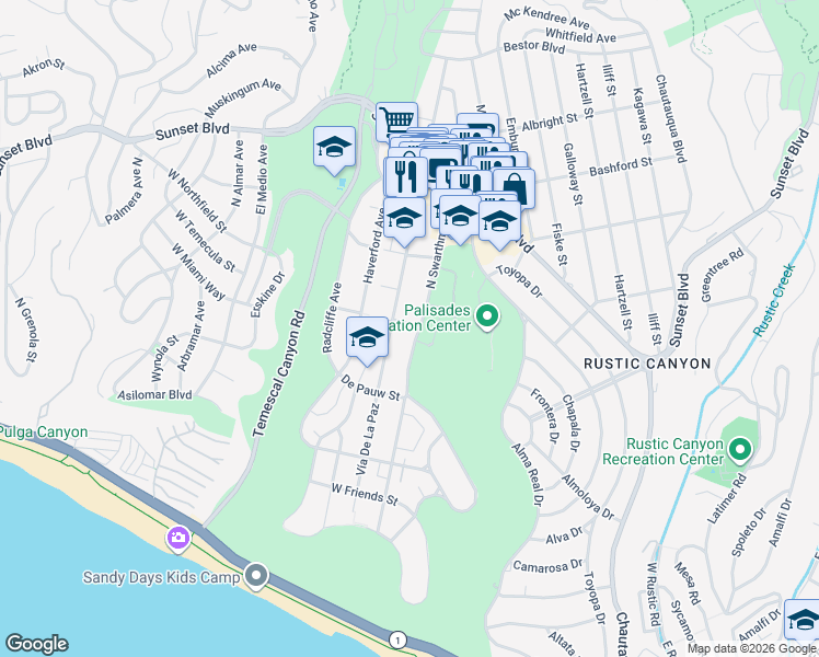 map of restaurants, bars, coffee shops, grocery stores, and more near 677 North Swarthmore Avenue in Los Angeles