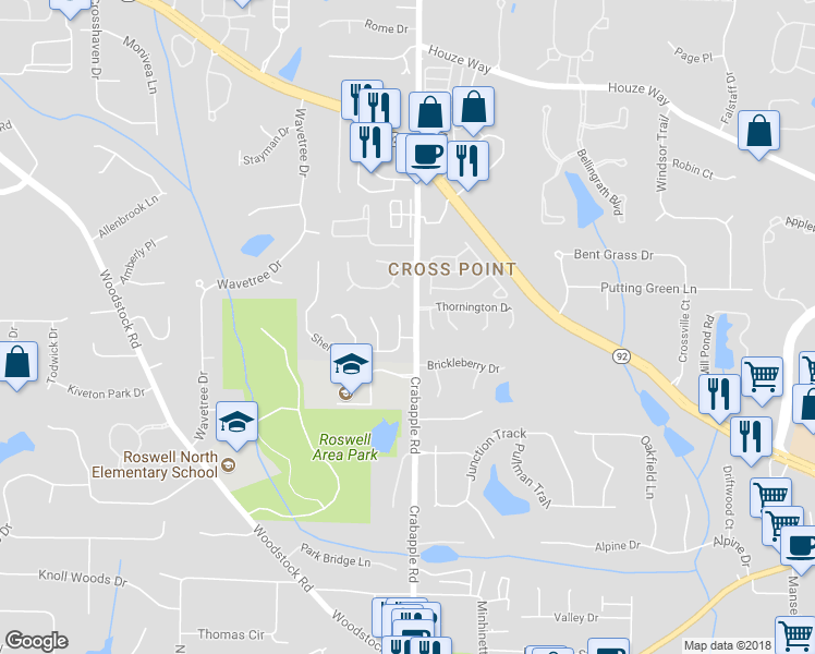 map of restaurants, bars, coffee shops, grocery stores, and more near 180 Shelli Lane in Roswell