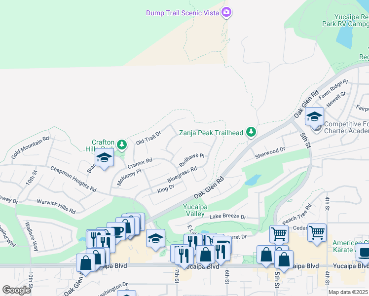 map of restaurants, bars, coffee shops, grocery stores, and more near 11637 Territory Road in Yucaipa