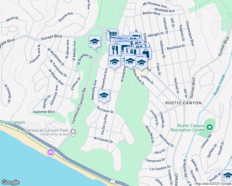 map of restaurants, bars, coffee shops, grocery stores, and more near 677 North Swarthmore Avenue in Los Angeles