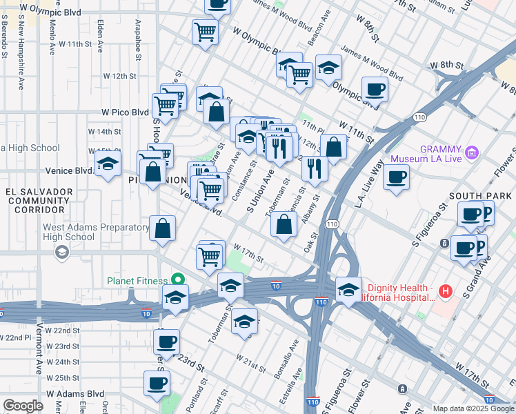 map of restaurants, bars, coffee shops, grocery stores, and more near 1414 South Union Avenue in Los Angeles