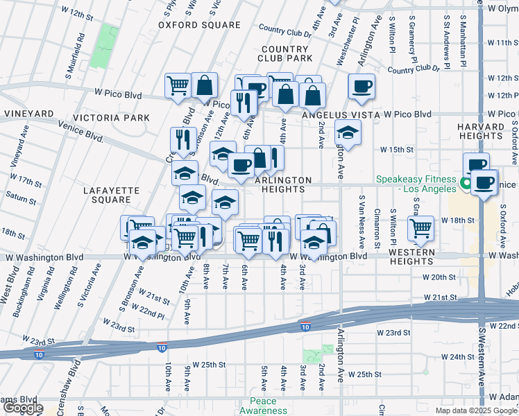 map of restaurants, bars, coffee shops, grocery stores, and more near 1643 5th Avenue in Los Angeles