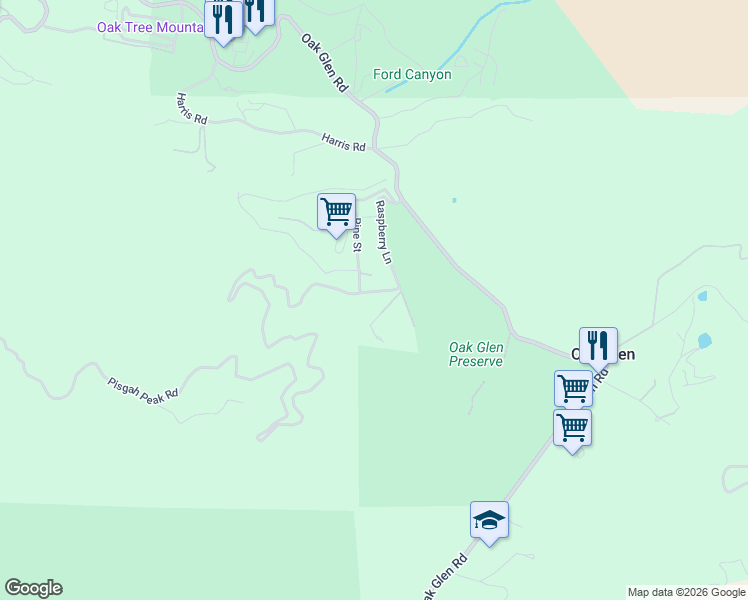 map of restaurants, bars, coffee shops, grocery stores, and more near 39351 Raspberry Court in Oak Glen