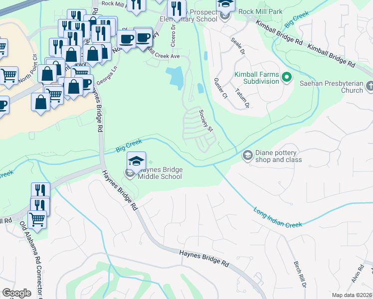 map of restaurants, bars, coffee shops, grocery stores, and more near 100 Society Street in Alpharetta