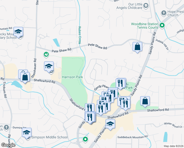 map of restaurants, bars, coffee shops, grocery stores, and more near 3928 Upland Way in Marietta