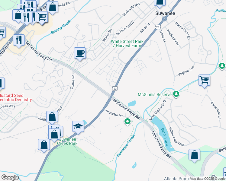 map of restaurants, bars, coffee shops, grocery stores, and more near 907 U.S. 23 in Suwanee