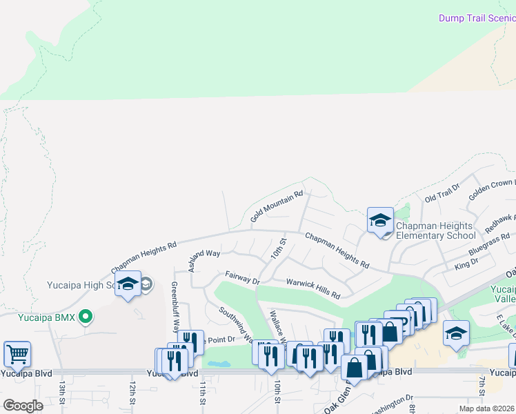 map of restaurants, bars, coffee shops, grocery stores, and more near 33252 Gold Mountain Road in Yucaipa