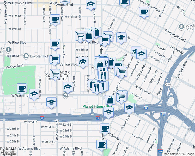 map of restaurants, bars, coffee shops, grocery stores, and more near 1705 Arapahoe Street in Los Angeles