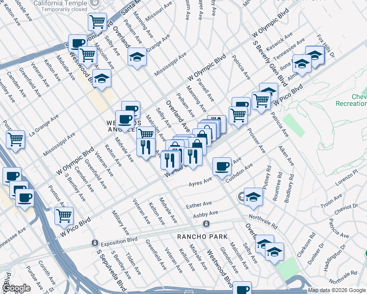 map of restaurants, bars, coffee shops, grocery stores, and more near 2365 Selby Avenue in Los Angeles