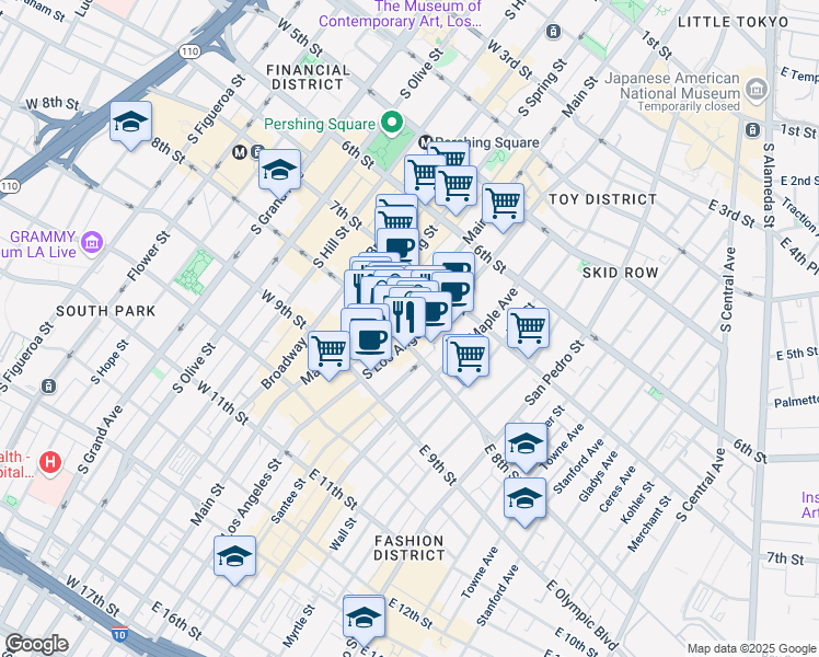 map of restaurants, bars, coffee shops, grocery stores, and more near 113 East 8th Street in Los Angeles