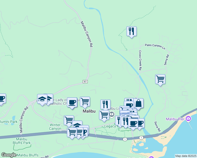 map of restaurants, bars, coffee shops, grocery stores, and more near 23814 Malibu Crest Drive in Malibu