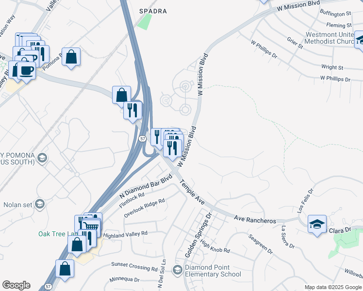 map of restaurants, bars, coffee shops, grocery stores, and more near 3707 Legato Court in Pomona