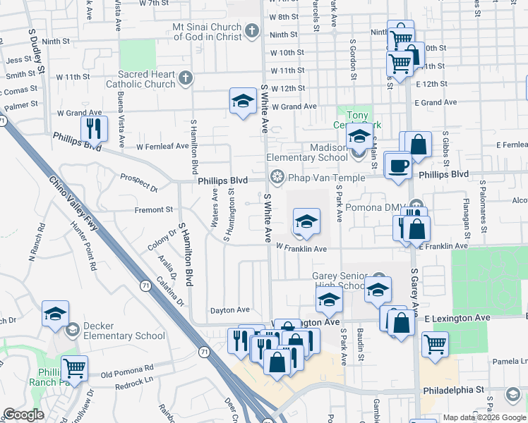 map of restaurants, bars, coffee shops, grocery stores, and more near 930 Azalea Drive in Pomona