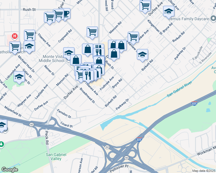 map of restaurants, bars, coffee shops, grocery stores, and more near 11419 Herb Street in South El Monte