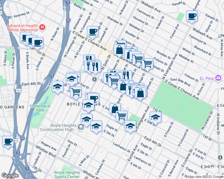 map of restaurants, bars, coffee shops, grocery stores, and more near 51 South Fickett Street in Los Angeles