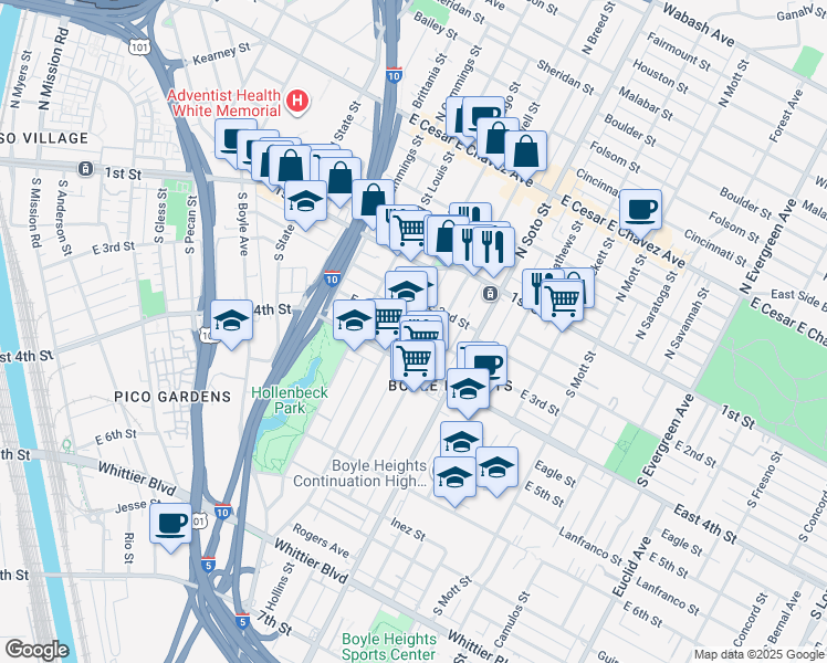 map of restaurants, bars, coffee shops, grocery stores, and more near 229 South Chicago Street in Los Angeles