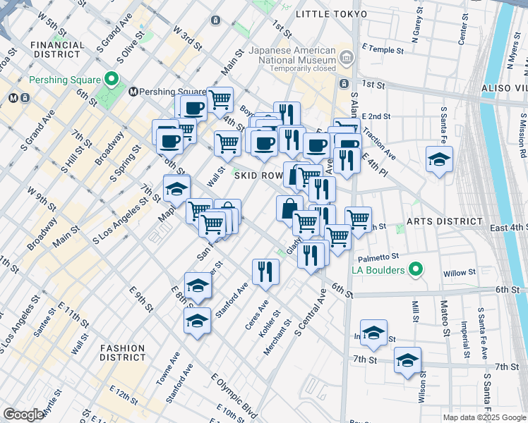 map of restaurants, bars, coffee shops, grocery stores, and more near 532 Crocker Street in Los Angeles