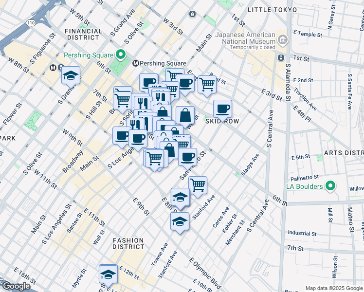 map of restaurants, bars, coffee shops, grocery stores, and more near 622 Wall Street in Los Angeles