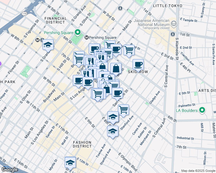 map of restaurants, bars, coffee shops, grocery stores, and more near 622 Wall Street in Los Angeles