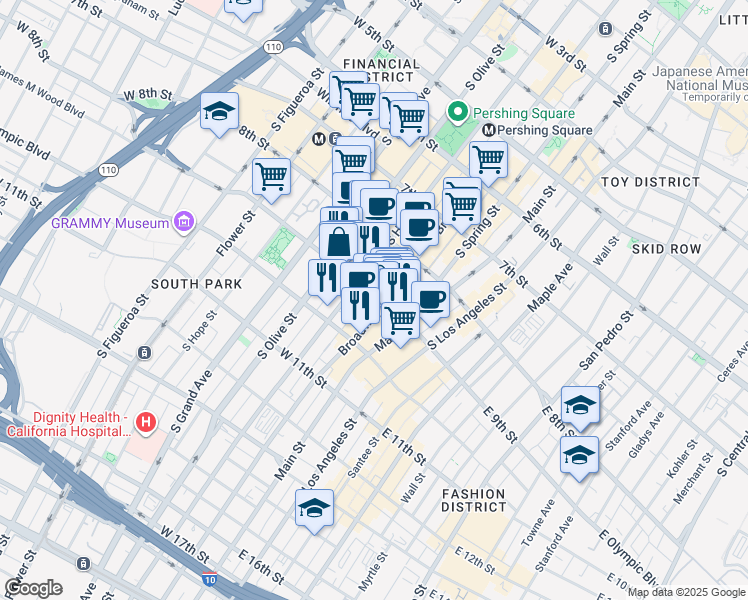map of restaurants, bars, coffee shops, grocery stores, and more near 912 South Hill Street in Los Angeles