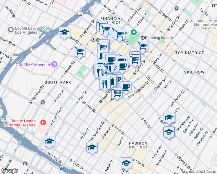map of restaurants, bars, coffee shops, grocery stores, and more near 912 South Hill Street in Los Angeles