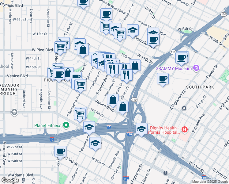 map of restaurants, bars, coffee shops, grocery stores, and more near 1357 Valencia Street in Los Angeles