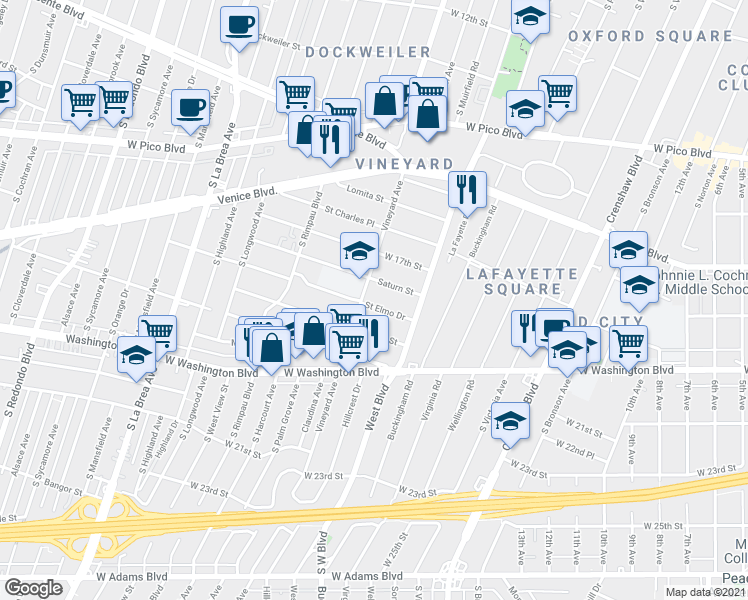 map of restaurants, bars, coffee shops, grocery stores, and more near 4547 Saint Elmo Drive in Los Angeles