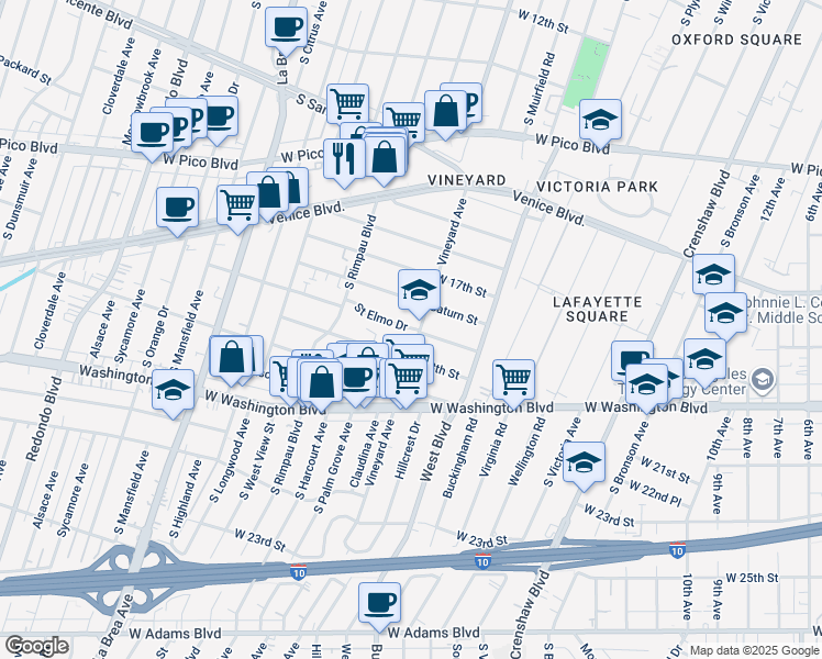 map of restaurants, bars, coffee shops, grocery stores, and more near 4624 Saint Elmo Drive in Los Angeles