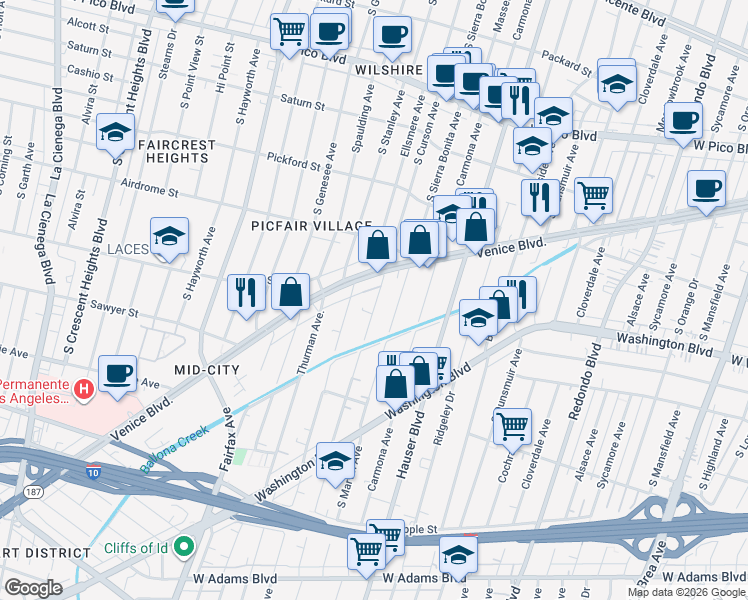 map of restaurants, bars, coffee shops, grocery stores, and more near 1830 South Curson Avenue in Los Angeles