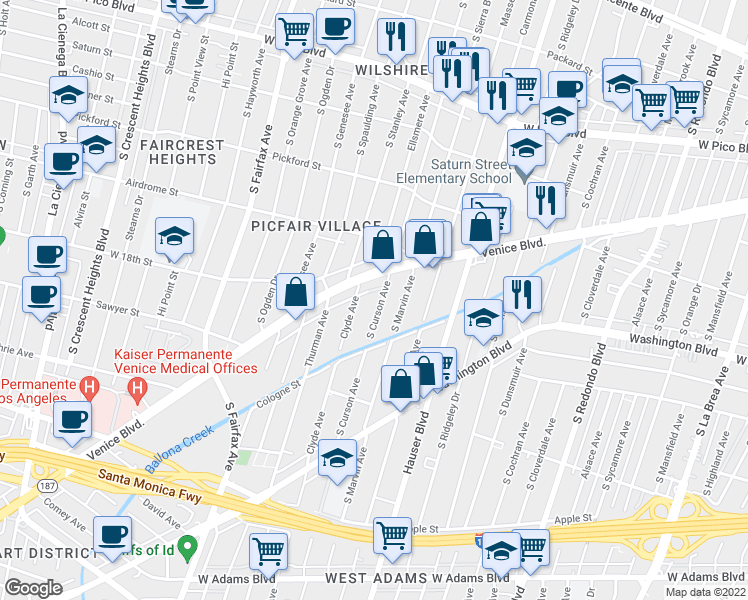 map of restaurants, bars, coffee shops, grocery stores, and more near 1818 Clyde Avenue in Los Angeles