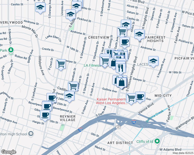 map of restaurants, bars, coffee shops, grocery stores, and more near 1919 South Corning Street in Los Angeles
