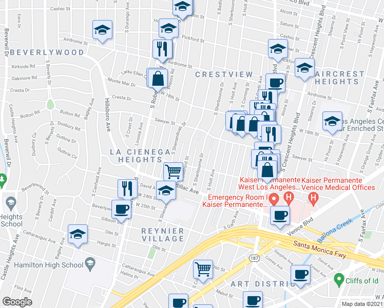 map of restaurants, bars, coffee shops, grocery stores, and more near 1946 South Bedford Street in Los Angeles
