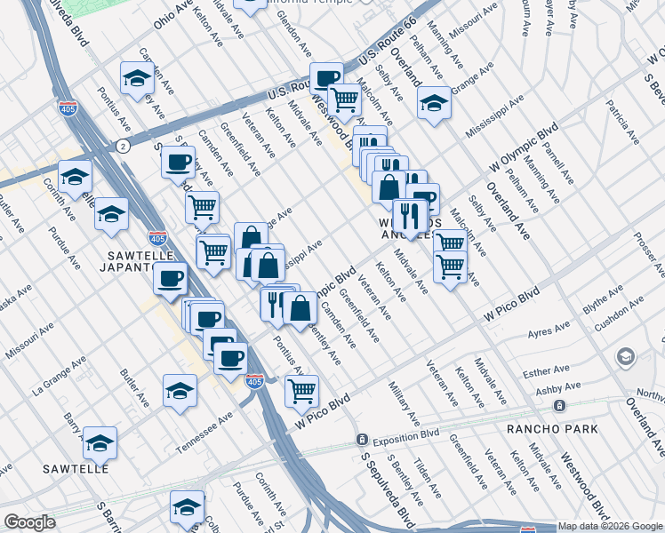 map of restaurants, bars, coffee shops, grocery stores, and more near 2134 Greenfield Avenue in Los Angeles