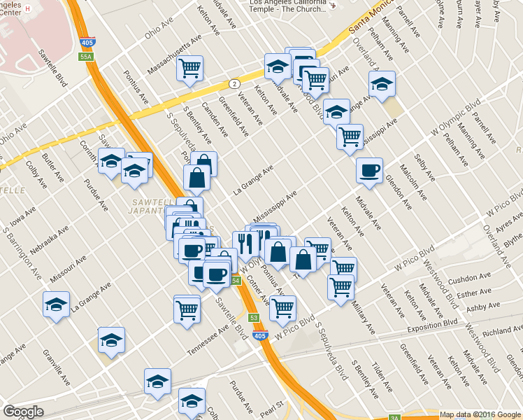 map of restaurants, bars, coffee shops, grocery stores, and more near 2038 South Bentley Avenue in Los Angeles