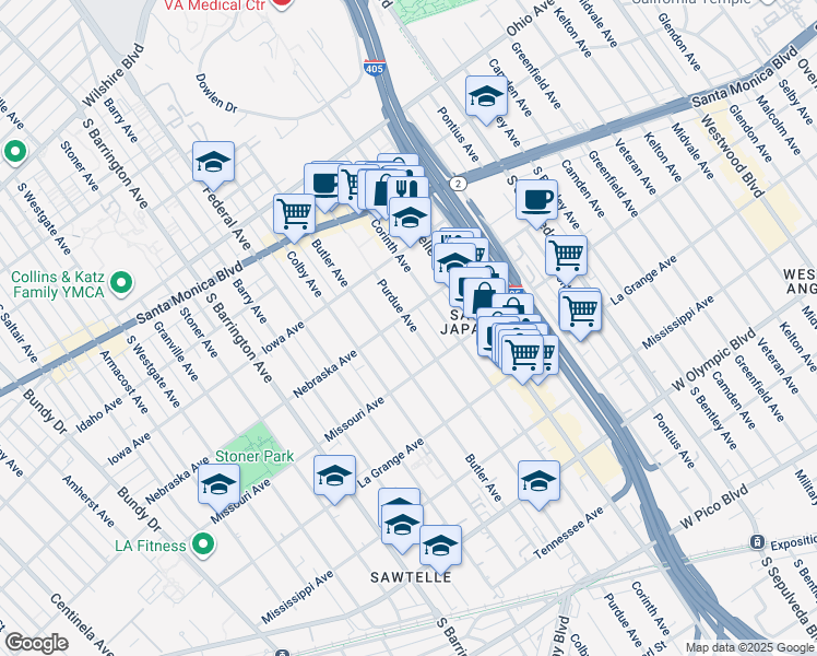 map of restaurants, bars, coffee shops, grocery stores, and more near 1816 Purdue Avenue in Los Angeles