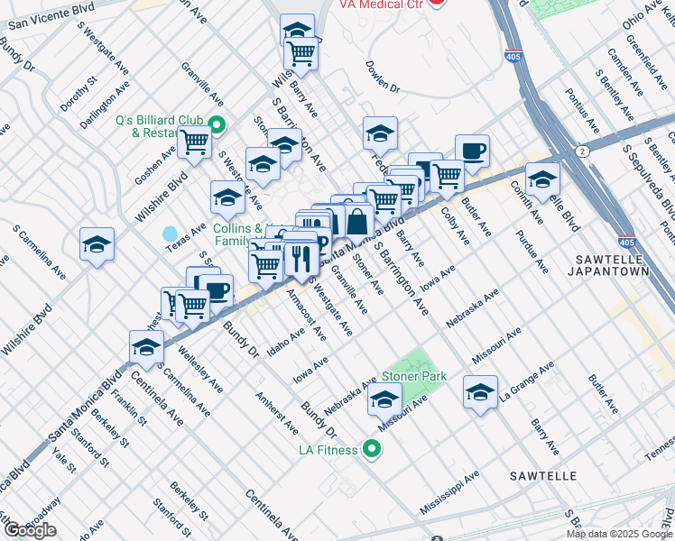 map of restaurants, bars, coffee shops, grocery stores, and more near 1515 Granville Avenue in Los Angeles