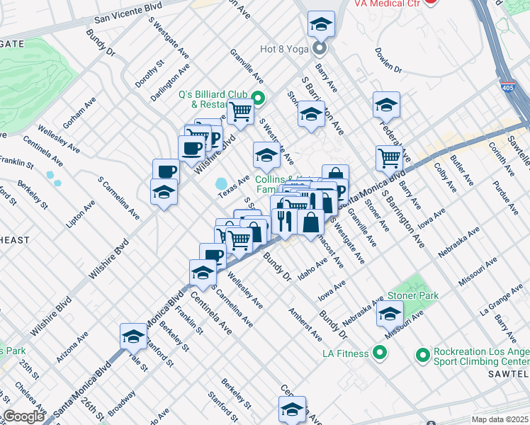 map of restaurants, bars, coffee shops, grocery stores, and more near 1420 South Saltair Avenue in Los Angeles