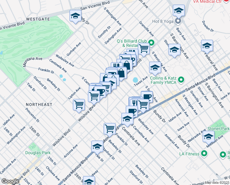 map of restaurants, bars, coffee shops, grocery stores, and more near 12222 Wilshire Boulevard in Los Angeles