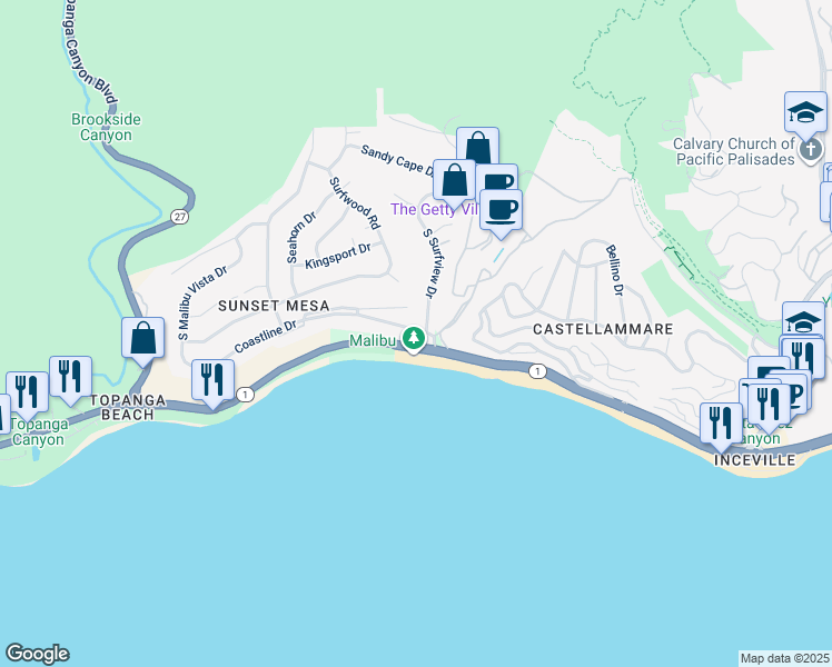 map of restaurants, bars, coffee shops, grocery stores, and more near 18050 Coastline Drive in Malibu