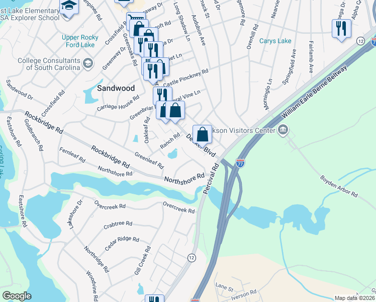 map of restaurants, bars, coffee shops, grocery stores, and more near 1635 Decker Boulevard in Columbia