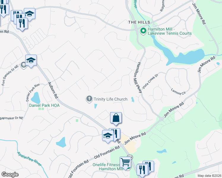 map of restaurants, bars, coffee shops, grocery stores, and more near 1466 Highland Heights Trail in Dacula