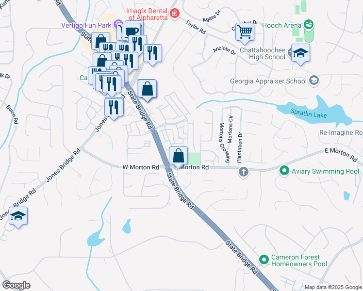 map of restaurants, bars, coffee shops, grocery stores, and more near 10686 Austen Bend in Alpharetta