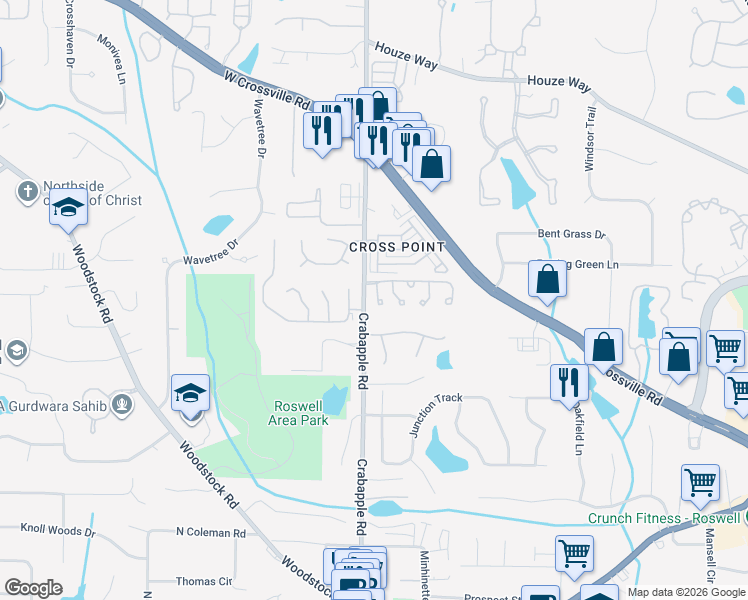 map of restaurants, bars, coffee shops, grocery stores, and more near 206 Wellwood Court in Roswell