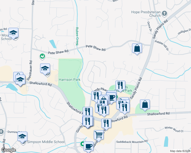 map of restaurants, bars, coffee shops, grocery stores, and more near 3676 Edenbourgh Place in Marietta