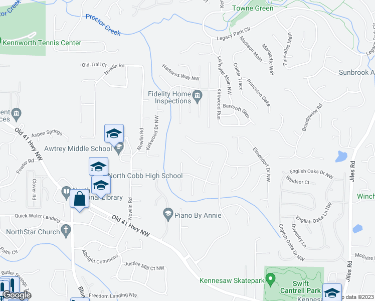 map of restaurants, bars, coffee shops, grocery stores, and more near 2870 Donamire Lane Northwest in Kennesaw