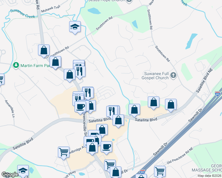 map of restaurants, bars, coffee shops, grocery stores, and more near 318 Privet Circle in Suwanee
